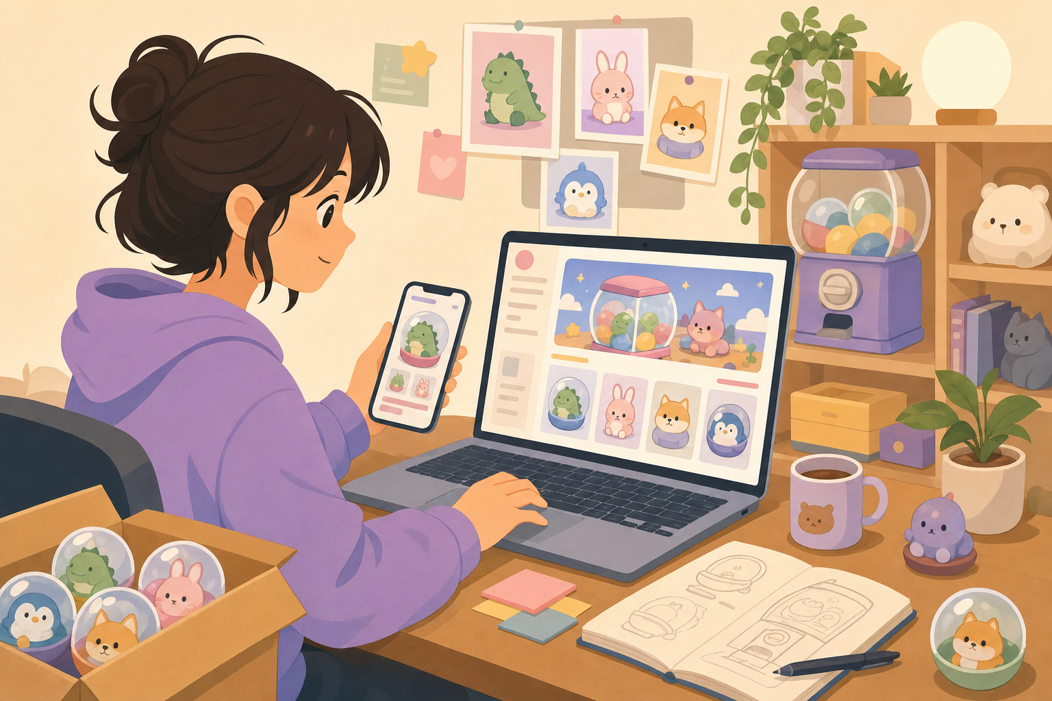 スマホとパソコンで自分専用のガチャページを作成しているクリエイターのイラスト