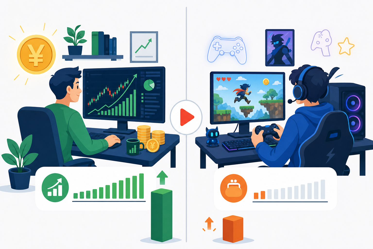 金融・投資系チャンネルとゲーム実況・エンタメ系チャンネルの再生単価(RPM)格差を対比したイラスト