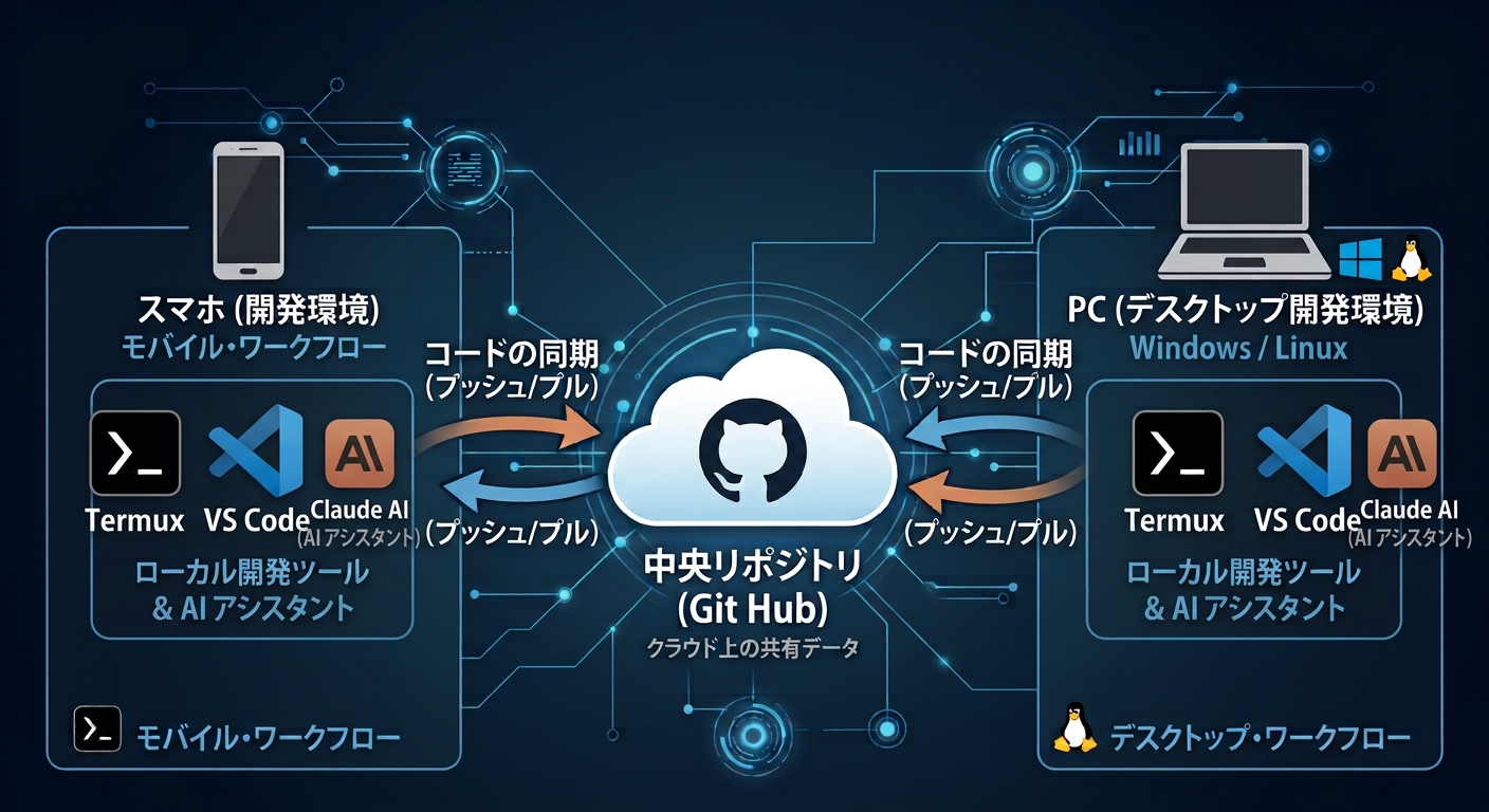 スマホ側とPC側それぞれのTermux・VS Code・Claude AIが、中央のGitHub（中央リポジトリ）とpush/pullでコードを同期し合っている構成図